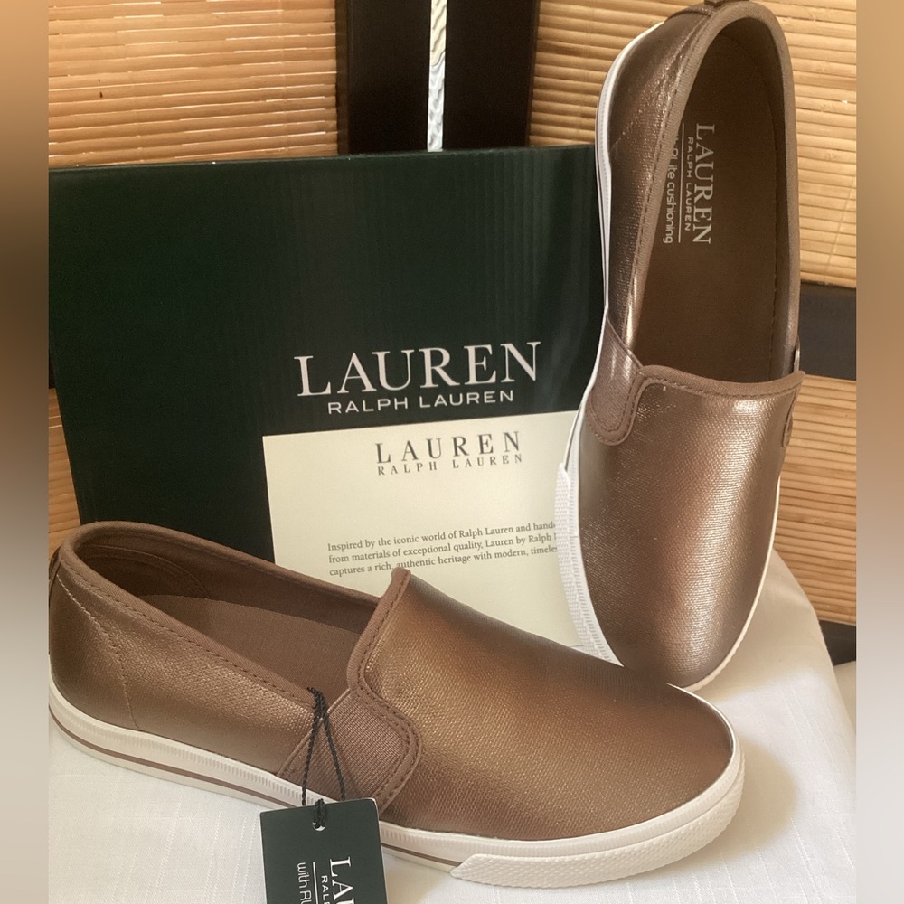 ♦️ LAUREN RALPH LAUREN Jinny Sneakers 7.5 NIB Slip On Shoe bronze gold metallic